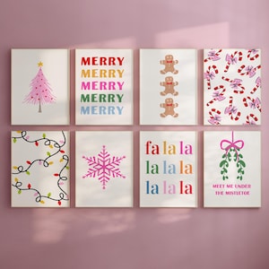 Pink Christmas Wall Art Set, Girly Holiday Winter Prints, Printable Preppy Christmas Posters Digital Print Colorful Girls Room Holiday Decor