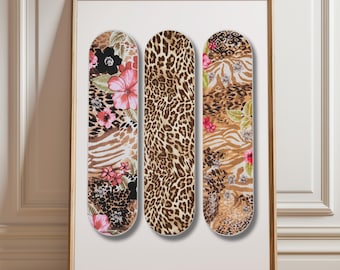 Skateboard Wall Art Print, Leopard Floral Printable Art, Pink