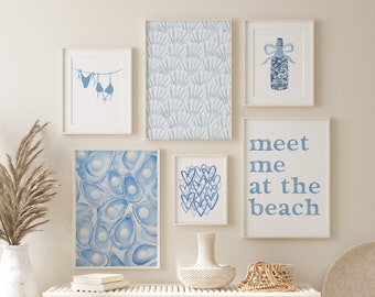 Blue Coastal Wall Art Print Set of 6, Coastal Granddaughter Aesthetic Room Decor, Shells Oyster Printable, Beach Preppy Girls Dorm Room