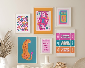 Trendy Preppy Print Set of 6, Pink Orange Teal Dopamine Gallery Wall Set, Girly Printable Posters, Dorm Room College Apartment Aesthetic