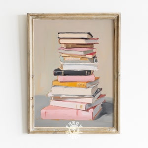 Impresión de amante de los libros, pintura de pila de libros, arte imprimible de ratón de biblioteca, arte de pared de moda, impresión digital, estética del apartamento