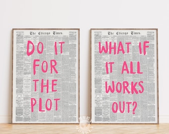 Do It For The Plot Trendy Wall Art Print Set of 2, What If It All Works Out Retro Newspaper Poster, Apartment Aesthetic Positive Affirmation