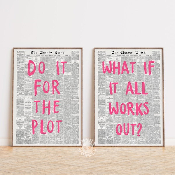 Do It For The Plot Trendy Wall Art Print Set of 2, What If It All Works Out Retro Newspaper Poster, Apartment Aesthetic Positive Affirmation