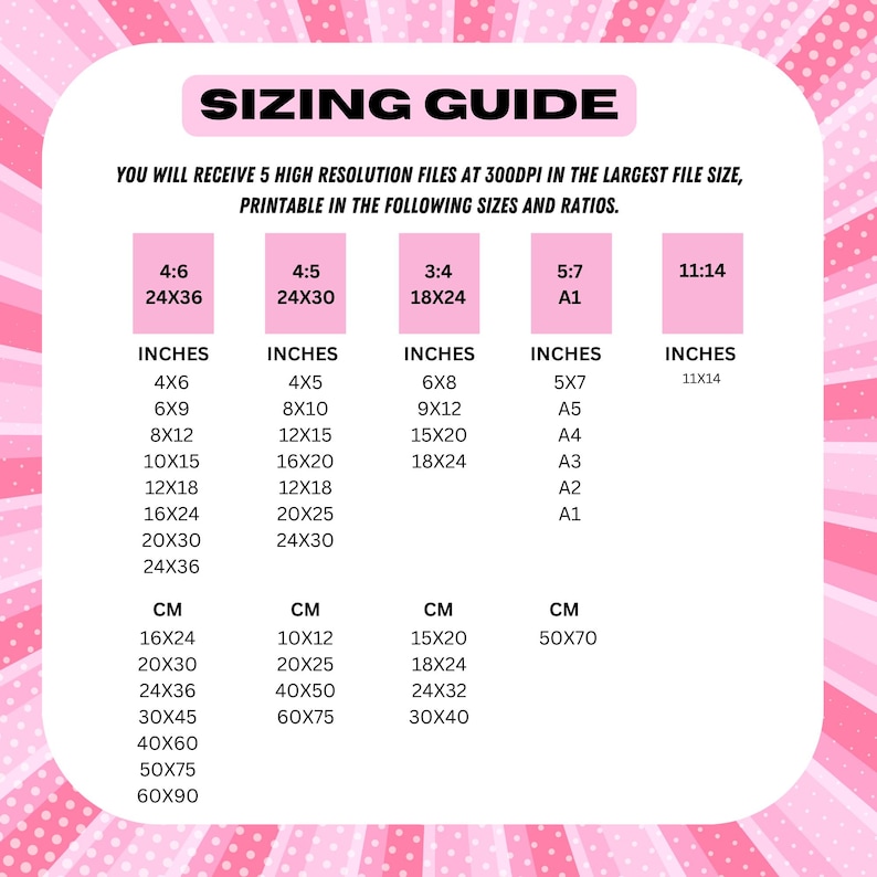 May include: A pink and white graphic with the text "SIZING GUIDE" at the top. The guide lists print sizes in inches and centimeters, including 4x6, 6x9, 8x12, 10x15, 12x18, 16x24, 20x30, and 24x36 inches.