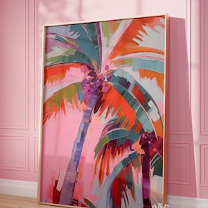 Tropical Print, Abstract Palm Tree Wall Art, Modern Dopamine Summer Poster, Coastal Painting, Printable Art, Apartment Aesthetic, Trendy Art