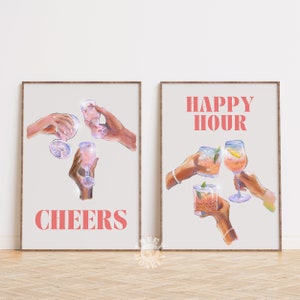 Happy Hour Cheers Print Set of 2, Bar Cart Art Print Set, Trendy Wall Art Prints, Retro Cocktail Poster Set, Printable Poster Digital Prints