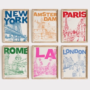 Trendy Travel Poster Print Set of 6, City Digital Prints, Printable Wall Art Dopamine Decor, Colorful Gallery Wall Set Funky Retro Dorm Room