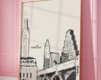 Retro Austin Print, Trendy Wall Art, City Travel Poster, Printable Art, Digital Prints, Dorm Decor, Apartment Aesthetic, Downloadable Art