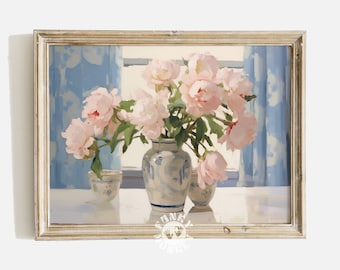 Coquette Art Print Peonies in a Blue Vase Painting, Grandmillenial Aesthetic, Digital Print, Coquette Room Decor Interior Printable Wall Art