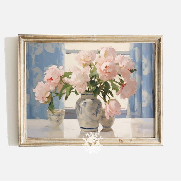 Impression d'art coquette pivoines dans un vase bleu, peinture esthétique grand-millénaire, impression numérique, décoration de chambre coquette, art mural intérieur imprimable