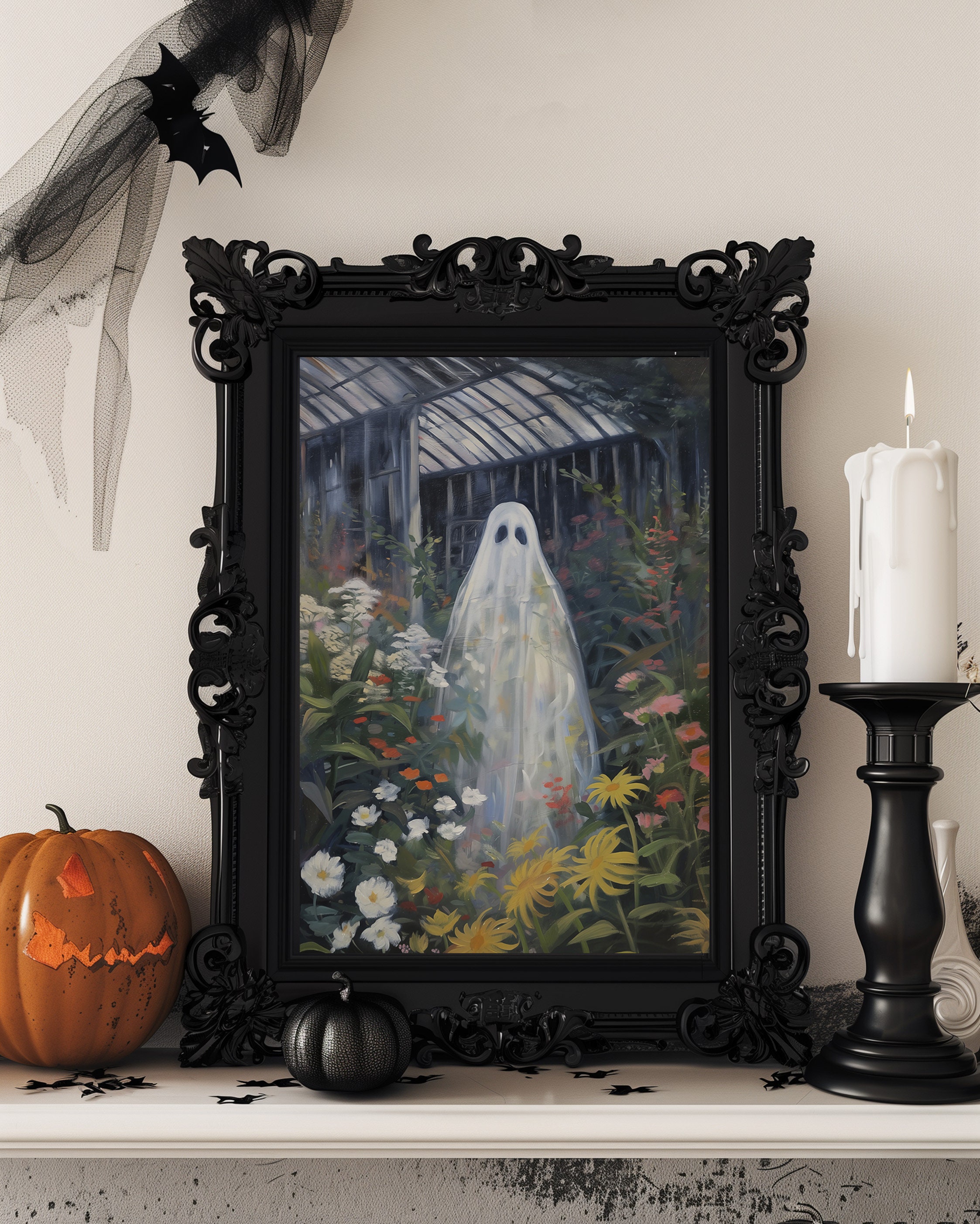 Ghost Art Print, Ghost in Greenhouse With Flowers, Cute Halloween Decor ...