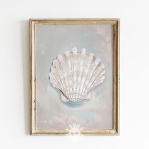 May include: A framed painting of a white seashell on a light blue and pink background.