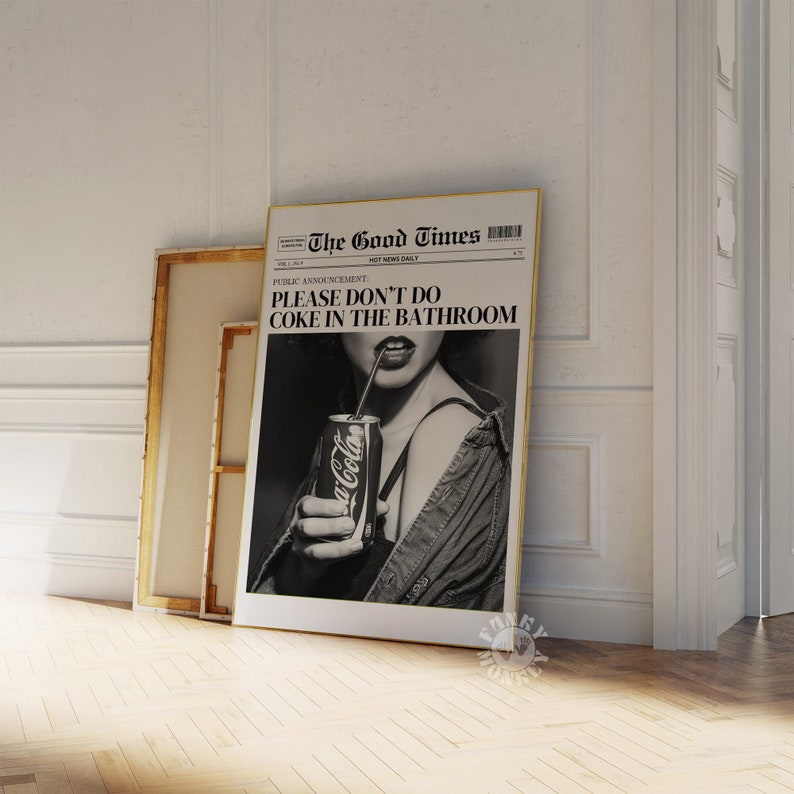 Trendy Don't Do Coke Newspaper Print, Funny Newspaper Headline Poster, Retro Wall Art, Aesthetic Apartment Decor, College Dorm, Bathroom Art image 2