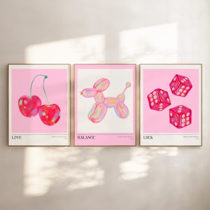 Ensemble d’impression d’art mural rétro de 3, ensemble d’affiches Preppy rose, art mural tendance imprimable, affiches d’exposition girly esthétique rose rouge impressions numériques