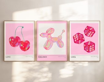 Retro Wall Art Print Set of 3, Pink Preppy Poster Set, Printable