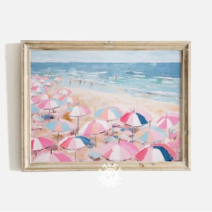 Abstrakcyjny nadruk plażowy, sztuka nadmorska w stylu vintage, dziewczęcy wystrój apartamentu, różowa pastelowa sztuka ścienna, sztuka ścienna plażowa, wystrój pokoju dziewczęcego, parasole na plaży