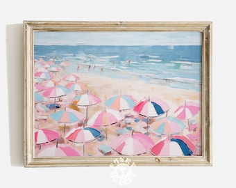 Abstract Beach Print, Vintage Coastal Art, Girly Apartment Decor, Pink Pastel Wall Art, Beach Wall Art, Girl Room Decor, Umbrellas on beach