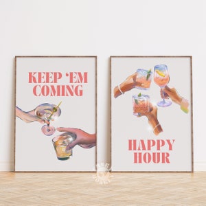 Happy Hour Keep Em Coming Print Set de 2, Bar Cart Art Print Set, Impressions d’art mural tendance, Ensemble d’affiches de cocktail rétro, Impressions numériques