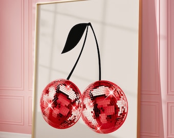 Retro Disco Ball Cherry Print, Trendy Wall Art Prints, Disco Cherry, Preppy Wall Decor, Bar Cart Art, Girly Retro Printable, Digital Prints