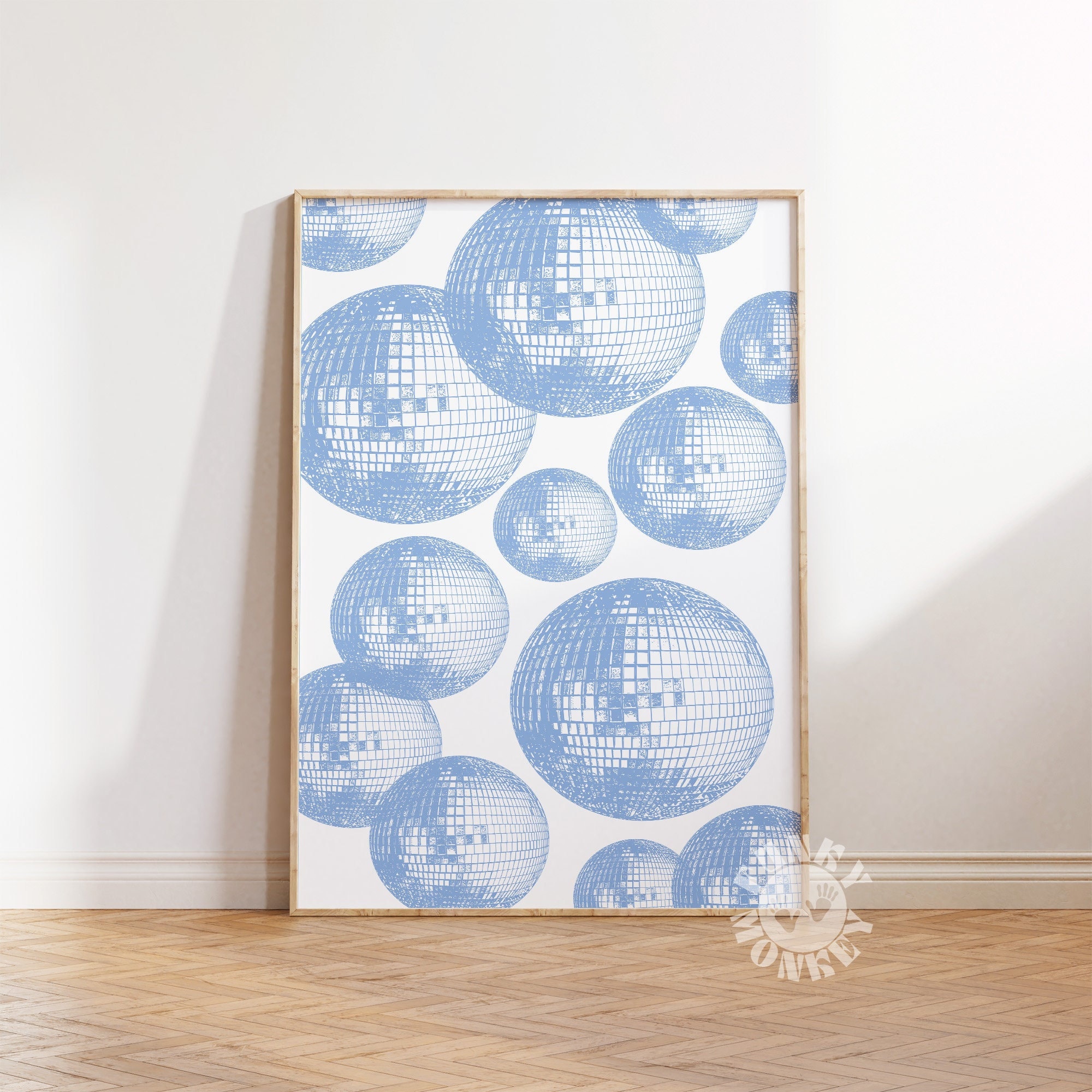 Impressão de arte de parede de bola de discoteca azul, pôster estético azul, arte de parede moderna, impressão formal, impressão digital retrô feminina, decoração de dormitório universitário