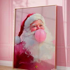 Art mural imprimable père Noël rose, impression hiver vacances tendance drôle, affiche de Noël preppy, impression numérique, décoration de vacances de chambre de filles