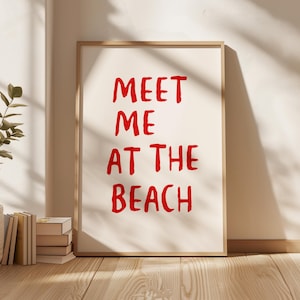 Meet Me at the Beach Red Coastal Wall Art, Trendy Summer Aesthetic Poster Digital Print, Preppy Printable Art, Retro Beachy Decor