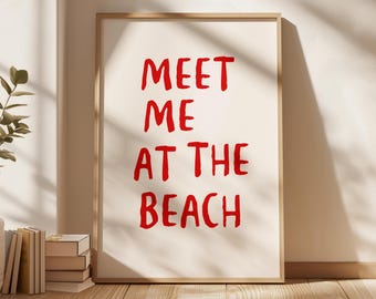 Meet Me at the Beach Red Coastal Wall Art, Trendy Summer Aesthetic Poster Digital Print, Preppy Printable Art, Retro Beachy Decor