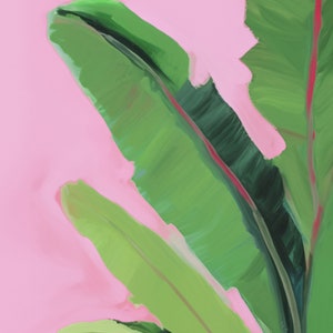 May include: A close-up of a painting of green banana leaves against a pink background.