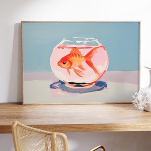 May include: A painting of a goldfish swimming in a pink and white fishbowl. The fishbowl is on a light blue surface. The background is a light blue color.
