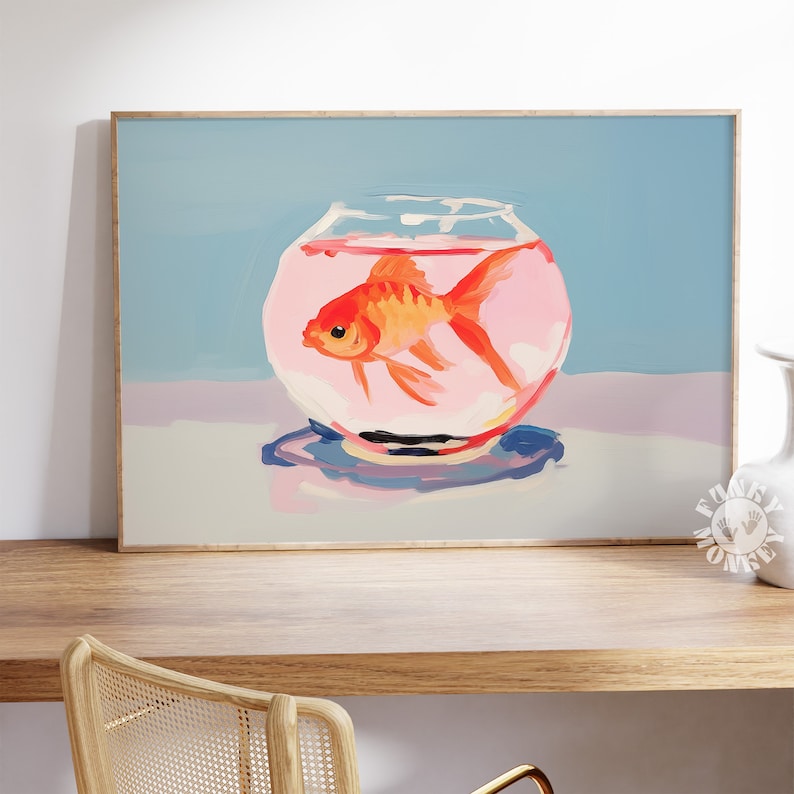 May include: A painting of a goldfish swimming in a pink and white fishbowl. The fishbowl is on a light blue surface. The background is a light blue color.