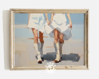 Coastal Cowgirl Digital Print, Preppy Cowgirl Aesthetic, Trendy Western Painting, White Cowboy Boots, Printable Poster, Girly Digital Art