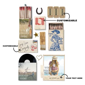 May include: A set of printable digital designs for matchboxes featuring a western theme. The designs include a cowgirl, a cowboy, a pair of boots, and a ticket to the rodeo. The designs are customizable with your own photos and text.