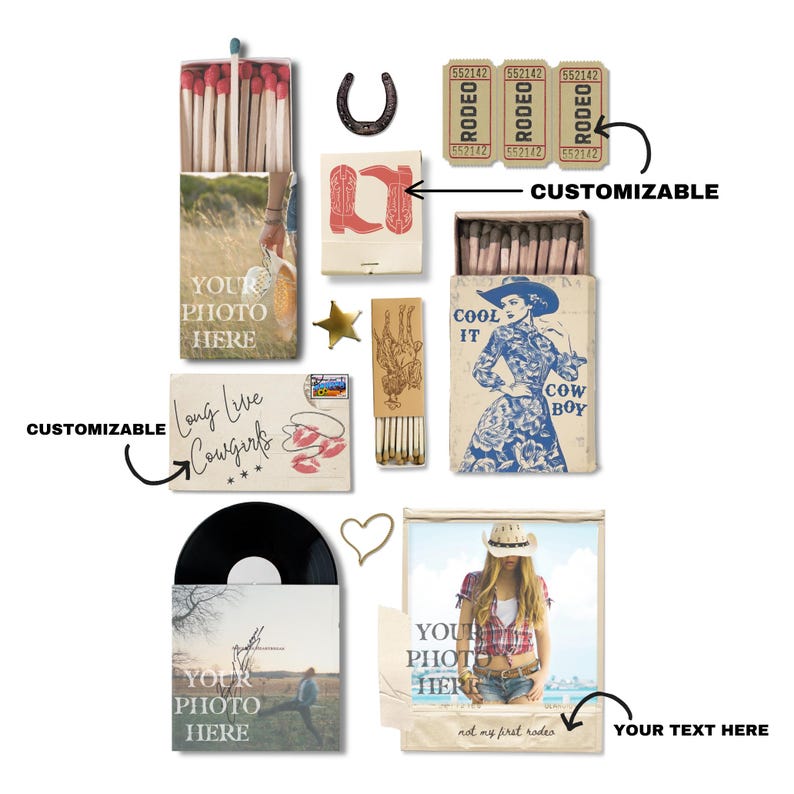 May include: A set of printable digital designs for matchboxes featuring a western theme. The designs include a cowgirl, a cowboy, a pair of boots, and a ticket to the rodeo. The designs are customizable with your own photos and text.