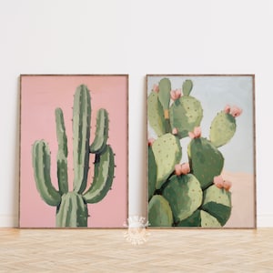 Kaktus Print 2er-Set, Retro Western Ästhetik, rosa Wüstenkaktus druckbare Wandkunst, trendiges Posterset, Girly Kaktus Poster, Digitaldruck