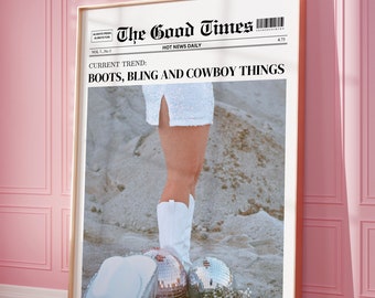 Newspaper Headline Print, Disco Coastal Cowgirl Trendy Hot Girl Poster, College Apartment Aesthetic, Printable Dorm Room Decor Digital Print