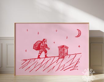 Santa Claus Drawing, Hand Drawn Christmas Print, Horizontal Printable Wall Art, Trendy Holiday Print, Pink Red Preppy Christmas Poster