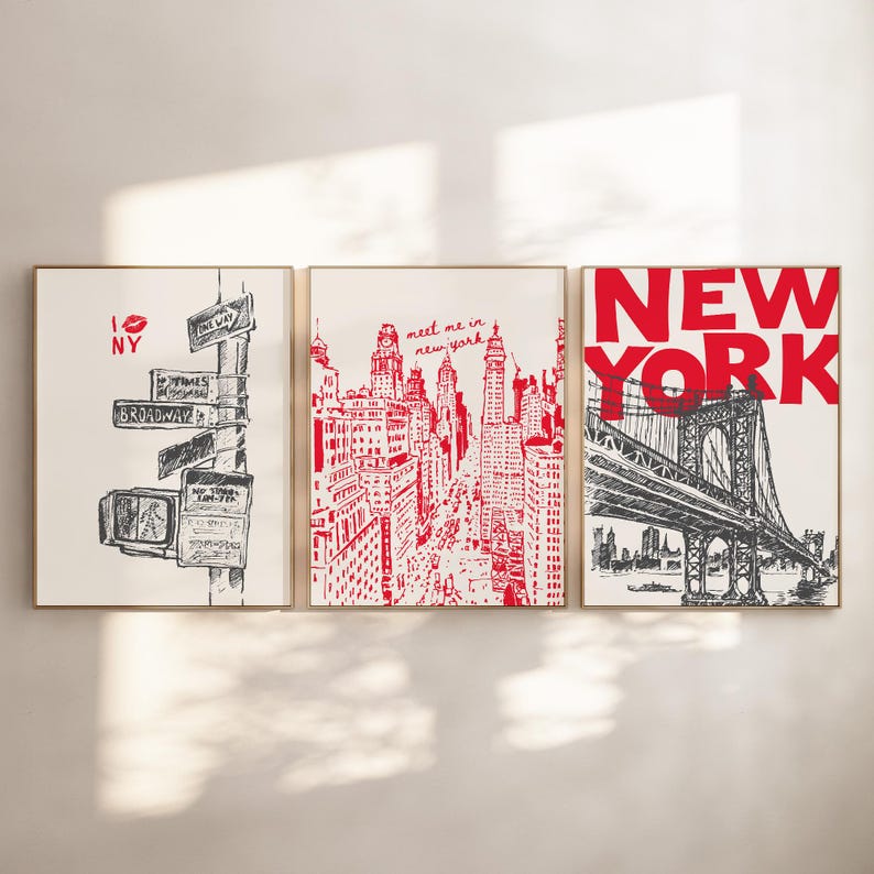 New York City Travel Print Set of 3, Retro NYC Poster, Trendy Red ...