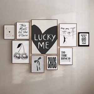 Trendy Wall Art Print Set of 9, Black White Dorm Room Decor Gallery Wall Set, Funky Retro Printable Posters College Apartment Digital Prints