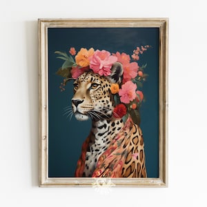 May include: A digital illustration of a leopard wearing a floral crown and a patterned scarf against a dark blue background.