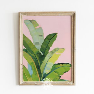 Arte tropicale scaricabile, Pittura botanica estiva rosa, Arte stampabile con foglie di banana alla moda, Poster estivo, Estetica dell&#39;appartamento, Digitale