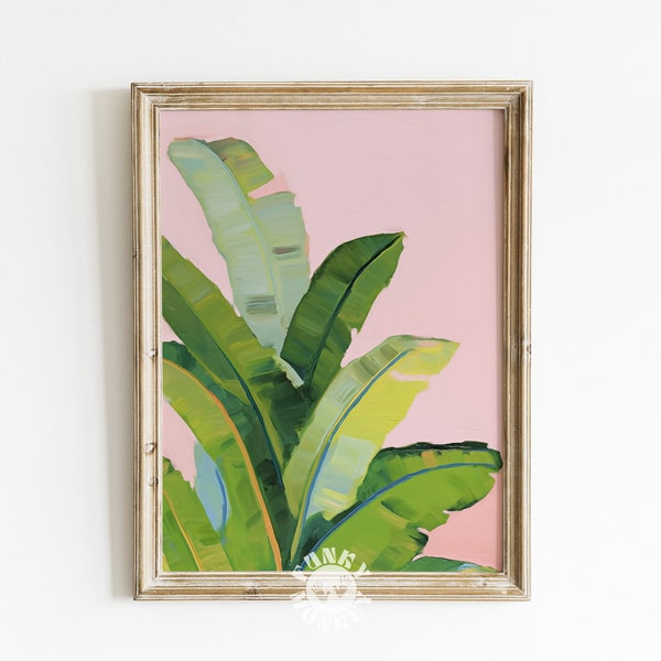 Tropical Downloadable Art, Pink Summer Botanical Painting, Trendy Banana Leaves Printable Art, Summer Poster, Apartment Aesthetic, Digital