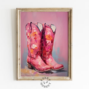 Pink Cowgirl Boots Print, Funky Western Painting, Maximalist Decor, Retro Cowboy Boots Printable Art, Digital Prints, Dorm Room Girly Print