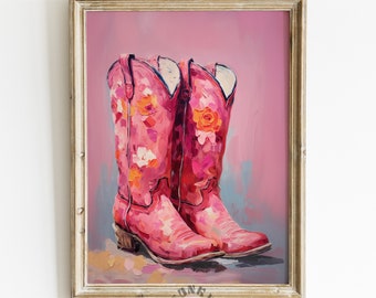 Pink Cowgirl Boots Print, Funky Western Painting, Maximalist Decor, Retro Cowboy Boots Printable Art, Digital Prints, Dorm Room Girly Print