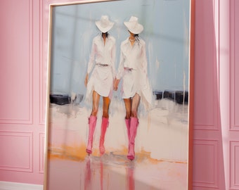 Coastal Cowgirl Painting, Pink Cowboy Boots Wall Art Print, Preppy Western Aesthetic, Printable Poster, Trendy Wall Art, Girly Print