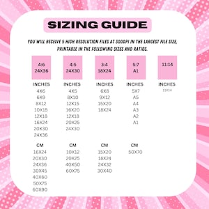 Peut inclure: Un graphique rose et blanc avec le texte "Guide des tailles" et un tableau montrant diff&eacute;rentes tailles et proportions pour les fichiers imprimables. Le tableau comprend des mesures en pouces et en centim&egrave;tres.