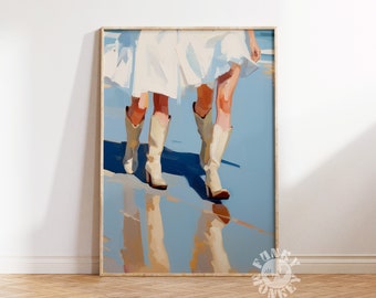 Coastal Cowgirl Print, Trendy Wall Art Print, Preppy Western Painting, Cowgirl Aesthetic, White Cowboy Boots, Girly Digital Printable Art