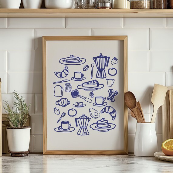 Retro Breakfast Print, Blue Kitchen Wall Art, Coffee Poster Digital Print, Aesthetic Kitchen Decor, Printable Food Art Illustration