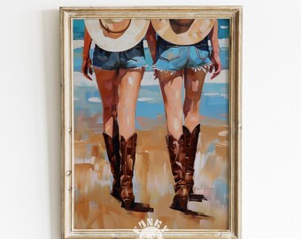 Blue Coastal Cowgirl Printable Poster Print, Cowboy Boots Trendy Wall Art, Preppy Cowgirl Dorm Room Decor, Girly Digital Download
