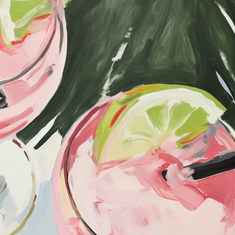 May include: A close-up of two pink cocktails with a lime wedge in one of the drinks. The cocktails are in clear glasses and are sitting on a green background.