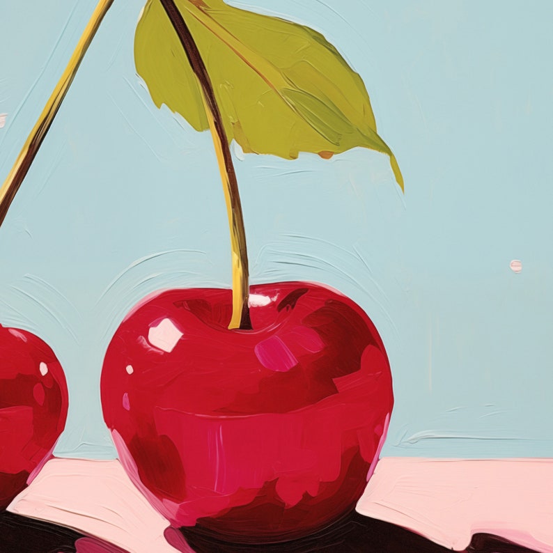 May include: Two red cherries with green stems and leaves against a light blue background. The cherries are glossy and appear to be painted.